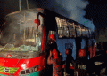 মধুপুরে বাস চাপায় মোটরসাইকেল চালক নিহত, বাসে অগ্নিসংযোগ