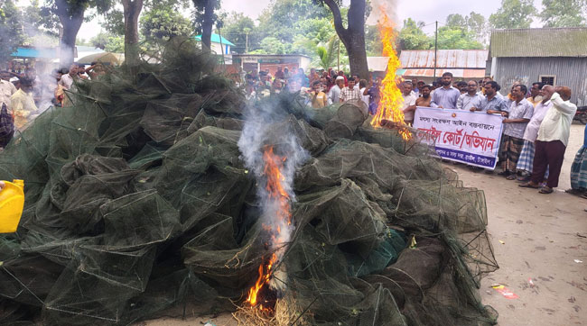 বাসাইলে অবৈধ চায়না দুয়ারী ও কারেন্ট জাল জব্দ, জনসম্মুখে পুড়িয়ে ধ্বংস